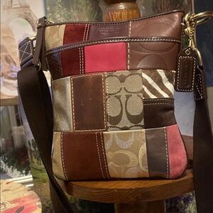 Coach Patchwork Leather Crossbody in Red and Brown Tones